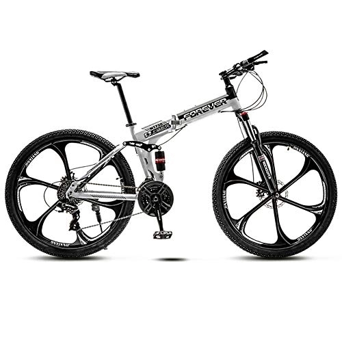 Folding Mountain Bike : 21 Variable Speed Six Cutter Wheel Adult Off-Road Mountain Bike Men And Women Bicycle Folding Variable Speed Double Shock Absorber Student Racing, Black And White, 24