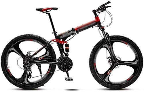 Folding Mountain Bike : 24" 21-speed Mountain Folding Bike, Flying Wheel Variable-speed Off-road Mountain Bike, Double Shock-absorbing 3-knife Wheels Student MTB Racing 6-27 ( Color : Black Red , Size : 24 Inches )