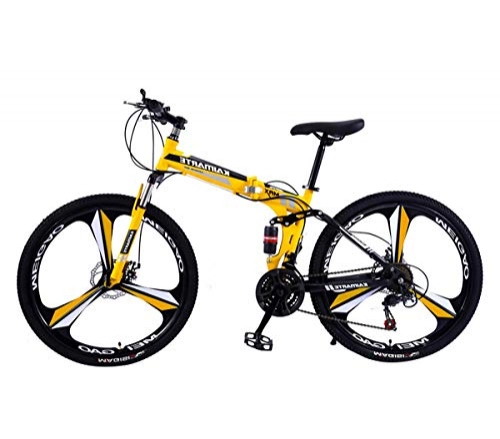 Folding Mountain Bike : 24 / 26 inch adult bicycle foldable mountain bike MTB, full suspension MTB bicycle for men and ladies fitness outdoor leisure cycling, 21 / 24 / 27 speed (Color : Yellow 3 Spoke, Size : 24inch 24 Speed)