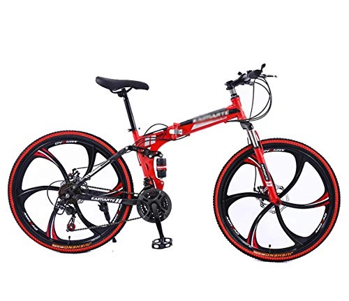 Folding Mountain Bike : 24 / 26 Inch Folding Mountain Bike Bicycle For Men And Women, High Carbon Steel Frame, Steel Disc Brake (Color : Red-A, Size : 24 inch 27 speed)