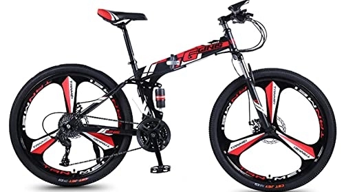 Folding Mountain Bike : 24 Inch Folding Full Suspension Mountain Bike, 21 Speed High-Tensile Carbon Steel Frame Folding Bike, Dual Disc Brake Bicycle for Men and Women, Sports Outdoor Adult Bike red, 24 inches