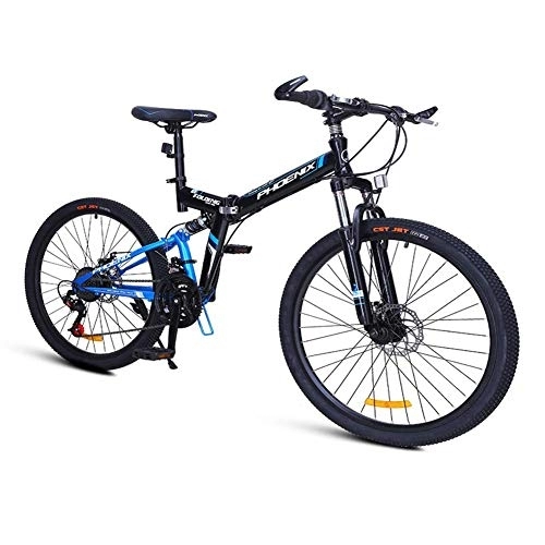 Folding Mountain Bike : 24-Speed Mountain Bikes, Folding High-carbon Steel Frame Mountain Trail Bike, Dual Suspension Kids Adult Mens Mountain Bicycle, Blue, 26Inch FDWFN (Color : Blue)