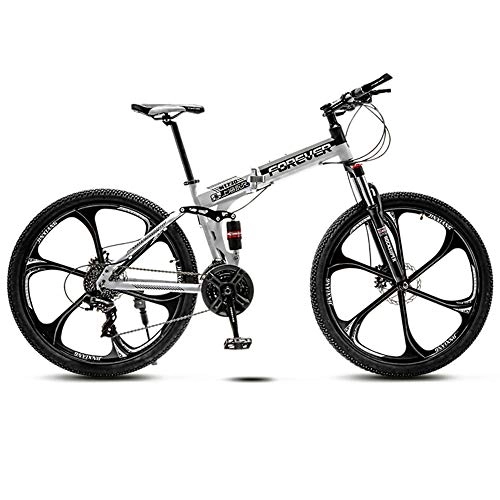 Folding Mountain Bike : 24 Variable Speed Six Cutter Wheel Adult Off-Road Mountain Bike Men And Women Bicycle Folding Variable Speed Double Shock Absorber Student Racing, Black And White, 24