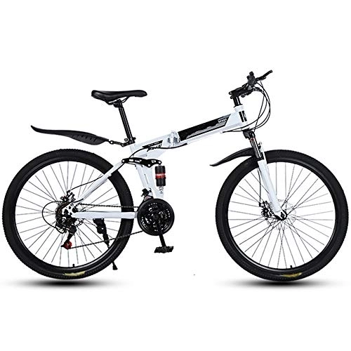 Folding Mountain Bike : 26 Inch Folding Mountain Bikes, 30 Cutter Wheels High Carbon Steel Frame Variable Speed Double Shock Absorption, All Terrain Adult Quick Foldable Bicycle, Men Women General Purpose, White, 21 Speed