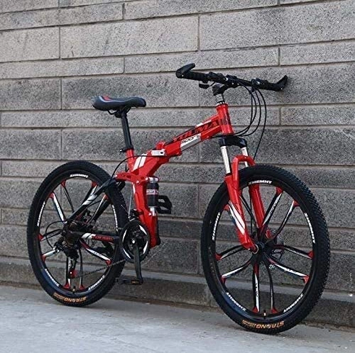 Folding Mountain Bike : 26 Inch Mountain Bike Folding for Men And Women, Dual Full Suspension Bicycle High Carbon Steel Frame, Steel Disc Brake, Aluminum Alloy Wheel (Color : Red, Size : 24 speed)