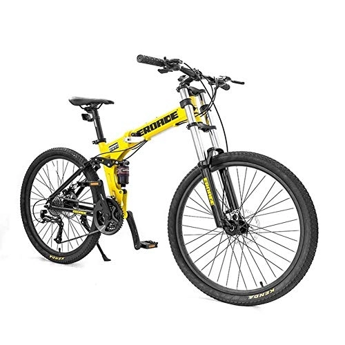 Folding Mountain Bike : 26 Inch Mountain Bikes, Adult 27-Speed Dual-Suspension Mountain Bike, Aluminum Frame Bicycle, Men's Womens Adjustable Seat Alpine Bicycle, Yellow, Foldable