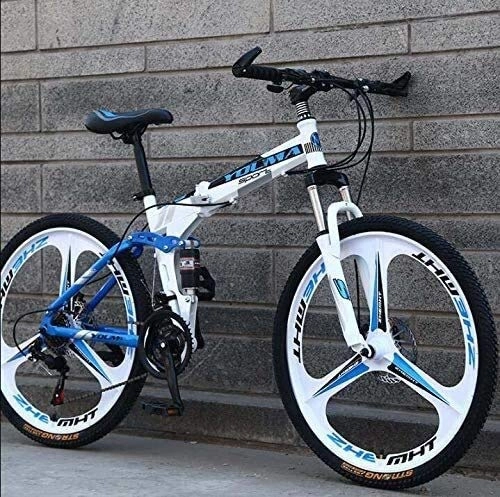 Folding Mountain Bike : 26 Inch Wheel Folding Mountain Bike, Dual Suspension for Men And Women Bicycle, High Carbon Steel Frame, Steel Disc Brake (Color : White, Size : 24 speed)
