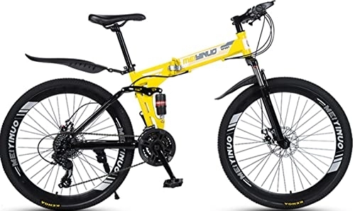Folding Mountain Bike : 26 Inches Folding Bike, 21-Speed Spoke Wheel Full Suspension Mountain Bicycle with Dual Disc Brake Mountain Bike for Adult Men &Amp; Women Yellow, 26 inches