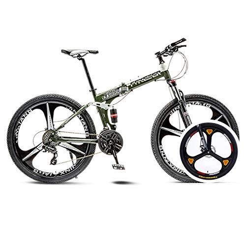 Folding Mountain Bike : 26inch Dual Disc Brakes Mountain Bike, Folding Mountain Bike For Youths And Adults, Variable Speed Gear Full Suspension MTB Bike, Lightweight High Tensile Steel-30Speed-ArmyGreen