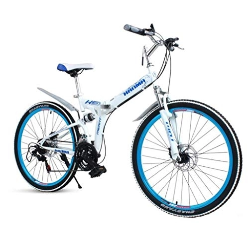 Folding Mountain Bike : 26inch Mountain Bike, Foldable Hardtail Bicycles, Steel Frame, Dual Disc Brake and Double Suspension (Color : White+Blue, Size : 21 Speed)