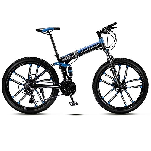 Folding Mountain Bike : 27 Variable Speed Ten Cutter Wheel Adult Off-Road Mountain Bike Men And Women Bicycle Folding Variable Speed Double Shock Absorber Student Racing, Black And Blue, 24