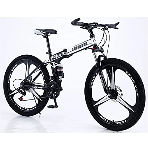 Folding Mountain Bike : 3 Knife Integrated Wheel Folding Mountain Bike, 26-Inch Spoke Wheel, 21 / 24 / 27 / 30 Speed, Disc Brake, Multiple Colors. (Top Configuration), Black And White, 24 speed