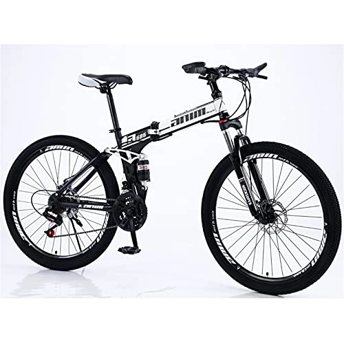 Folding Mountain Bike : Adult Folding Mountain Bike, 26-Inch Spoke Wheels, 21 / 24 / 27 / 30 Speed, Disc Brake, Multiple Colors (Top Configuration), Black And White, 21 speed