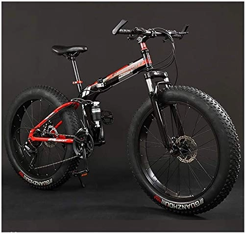 Folding Mountain Bike : Adult Mountain Bikes, Foldable Frame Fat Tire Dual-Suspension Mountain Bicycle, High-carbon Steel Frame, All Terrain Mountain Bike (Color : 24" Red, Size : 21 Speed)