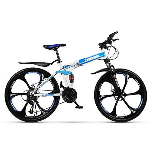 Folding Mountain Bike : Allamp Outdoor sports Mountain Bike 26 Inch Wheel Steel Frame Spoke Wheels Dual Suspension Road Bicycle 21 Speed Folding Bike (Color : Blue)