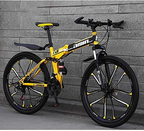 Folding Mountain Bike : AZYQ Mountain Bike Folding Bikes, 26In 21-Speed Double Disc Brake Full Suspension Anti-Slip, Lightweight Aluminum Frame, Suspension Fork, Yellow, D