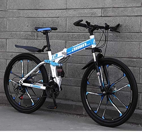 Folding Mountain Bike : AZYQ Mountain Bike Folding Bikes, 26Inch 24-Speed Double Disc Brake Full Suspension Anti-Slip, Lightweight Frame, Suspension Fork, Blue