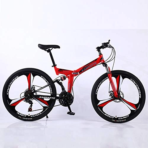 Folding Mountain Bike : Bdclr 21-speed dual disc brake front and rear shock absorber portable folding mountain bike, Red, 26