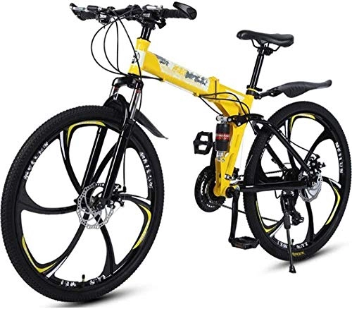 Folding Mountain Bike : BHDYHM Unisex Folding Bike, Freewheel Derailleur Gears, Foldable Mountain Bike Men, Full Suspension, Ladies Bike, Yellow-21 Speed