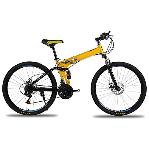 Folding Mountain Bike : Chenbz Outdoor sports 21Speed Folding Mountain Bike, Full Suspension Bicycles, Carbon Steel Frame, Dual Disc Brake, 26inch Wheels Mountain Bike (Color : Yellow)