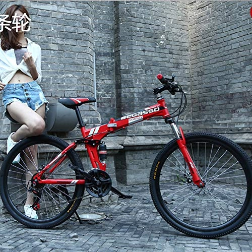 Folding Mountain Bike : CHJ Folding Mountain Bike 26 Inch 24 Inch Outdoor Bike 24 Speed Full Shock Absorber Mountain Bike Sports Men And Women Adult Commuter Anti-Skid Bicycle, Red, 24 inches
