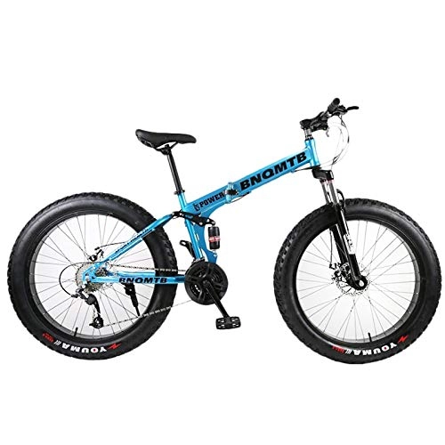 Folding Mountain Bike : Convenient Adult Foldable Beach Snowmobile Mountain Fat Bike 24 / 26 Inch Wheel 27 Speed Sports Cycling Road Bicycle Men Frame Ride (Color : Blue, Size : 27 Speed)
