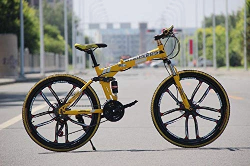 Folding Mountain Bike : Convenient Foldable Ultra-Lightweight Mountain Bike 4-Variable Speeds Dual Brake Folding Bicycle For Student Man And Women Adult Bike (Color : Yellow 10 blade, Size : 21)