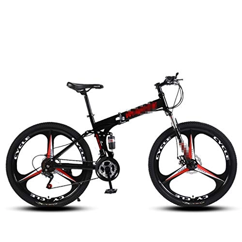 Folding Mountain Bike : DLT 3 Spoke Wheels Folding Mountain Bike Bicycle With 24 Inch, 24 Speed Sturdy High Carbon Steel Frame Full Suspension MTB Bikes With Strong Spring Shock Speed (Color : Black)