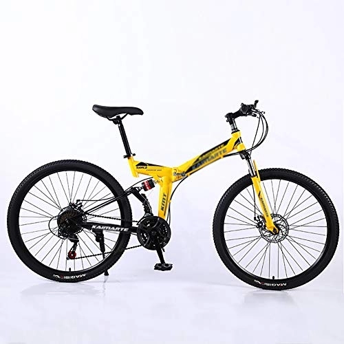 Folding Mountain Bike : DULPLAY Folding Mountain Bikes, 26 Inch Adult Mountain Bike, Steel Frame Dual Suspension Dual Disc Brakes Racing Mountain Bicycle Yellow 26", 21-speed