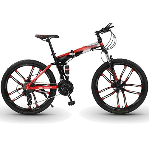 Folding Mountain Bike : DXIUMZHP Dual Suspension Foldable Mountain Bike, Commuter Portable Bicycles, Double Shock Absorber, 21 / 24-speed, Ten Cutter Wheels, 24 / 26 Inch Wheels (Color : 21-speed red, Size : 24 inches)
