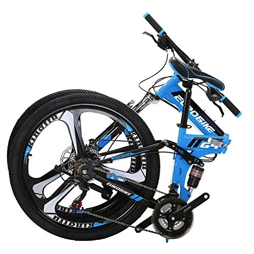 Folding Mountain Bike : Eurobike OBK 26 Inch Folding Mountain Bike Full Suspension Bikes Dual Disc Brake 21 Speed Bicycle for adults men or women (3 Spoke K wheels Blue)