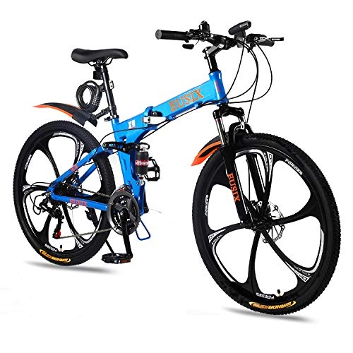 Folding Mountain Bike : EUSIX X9 26 inches Mountain Bike for Men and Women Aluminum Frame Folding Bicycle with Dual Suspension and 21 Speed Gear Men Bike MTB (Blue)