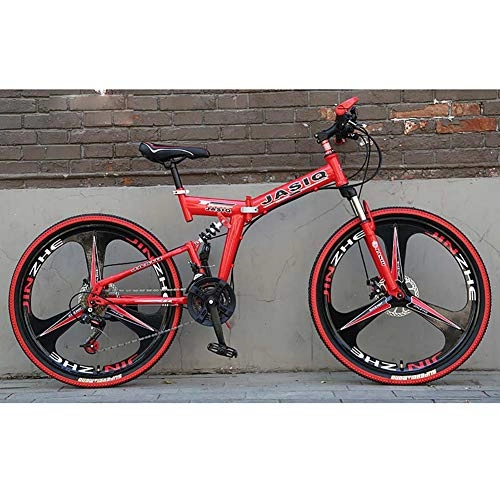 Folding Mountain Bike : F-JWZS 26 inch Dual Suspension Mountain Bike, Unisex 21 speed Folding Bike, with Double Disc Brake, for Student, Child, Adult Commuter City, Red