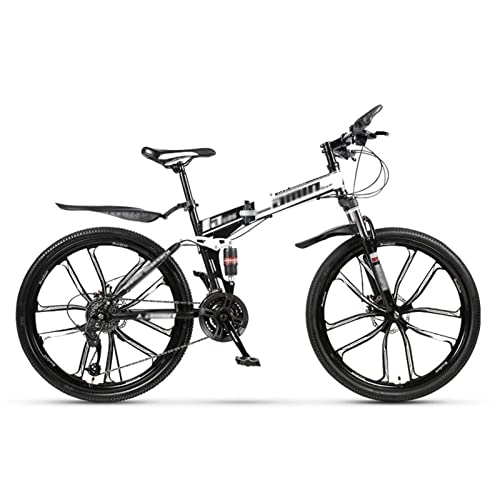 Folding Mountain Bike : FAXIOAWA Folding Mountain Bike, Bike for Adults and Youth, Hydraulic Disc-Brake, Lock-Out Suspension Fork, Aluminum Frame, with Adjustable Seat Tube Height, White