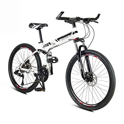 Folding Mountain Bike : Foldable Adult Mountain Bike, 24 / 26 Inch Wheels, High Carbon Steel Outroad Bicycles, 24-Speed Bicycle Full Suspension MTB Gears Dual Disc Brakes Mountain Bicycle ( Color : White , Size : 24inch )