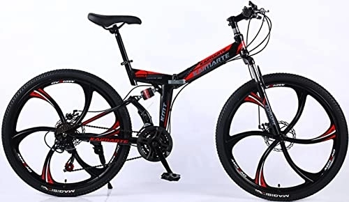 Folding Mountain Bike : Foldable Frame Bicycle, 26“ Thick Wheel Mountain Bike, 21 Speed Bicycle High-Carbon Steel Frame Dual Full Suspension Dual Disc Brake, Men and Women's Outdoor Black, 24 inches