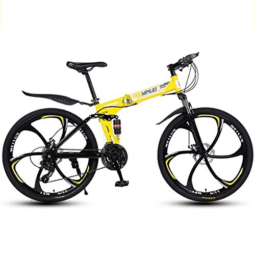 Folding Mountain Bike : Foldable Mountain Bike, Carbon Steel Frame Bike, with Dual Disc Brake Double Suspension (Color : Yellow, Size : 21 Speed)