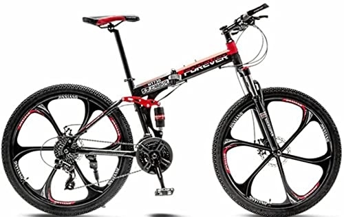 Folding Mountain Bike : Folding Bike 26In Six Knife Wheel Mountain Bike Full Suspension Mountain Bike, Foldable MTB Bicycle, 21-Speed Rear Derailleur Disc Brakes, Men and Women's Outdoor Red, 26 inches