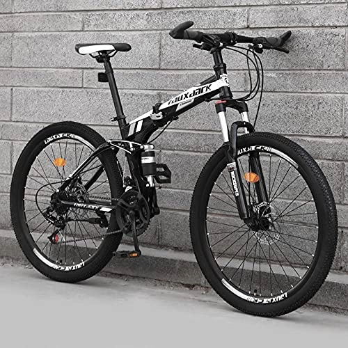 Folding Mountain Bike : Folding Bikes, High-Carbon Steel Frame For Adult Variable-Speted Mountain Bike Road Bikes, Mens / Womens Light Bikes And Youth Road Racing, 26-Inch Wheels-Spoke Wheel Black And White_27 Speed