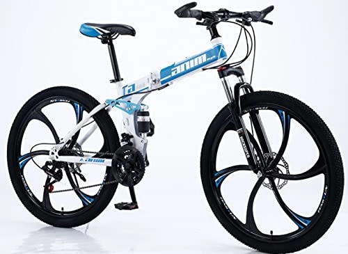 Folding Mountain Bike : Folding Mountain Bike, 21 Speed Bicycle Adult Mountain Trail Bike, High-Carbon Steel Frame Dual Full Suspension Dual Disc Brake, for Students and Urban Commuters Blue, 24 inches