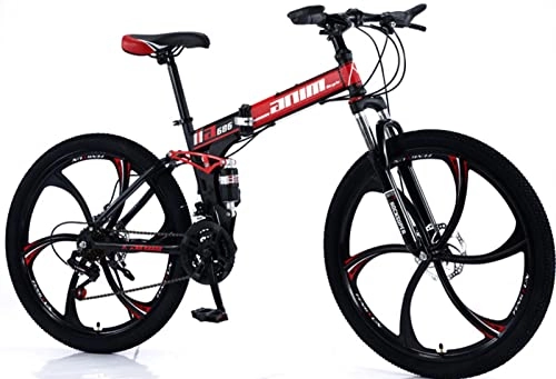 Folding Mountain Bike : Folding Mountain Bike, 21 Speed Bicycle Adult Mountain Trail Bike, High-Carbon Steel Frame Dual Full Suspension Dual Disc Brake, for Students and Urban Commuters Red, 24 inches