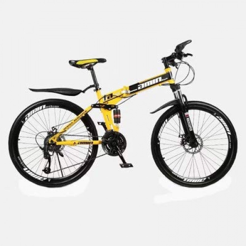 Folding Mountain Bike : Folding Mountain Bike, 24" Double Disc Brake High Carbon Steel Bicycle 21 Speed Double Shock Off-Road Variable Speed Bicycle with Front And Rear Fender, Yellow
