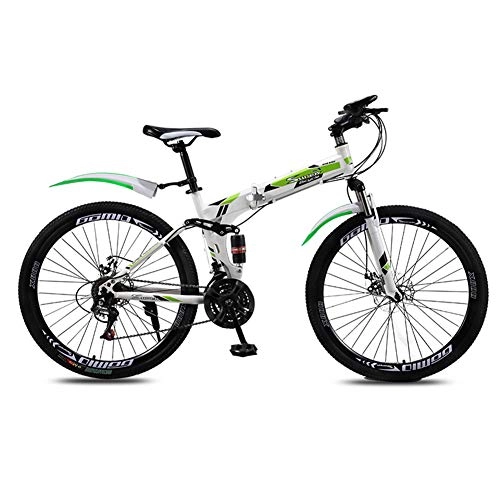 Folding Mountain Bike : Folding Mountain Bike, 24" Double Disc Brake High Carbon Steel Bicycle 21 Speed Front And Rear Double Shock Absorption Adult Men And Women Mountain Bike, Green