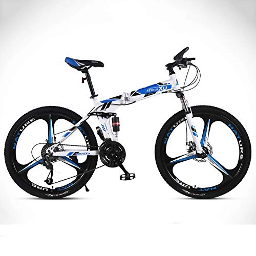 Folding Mountain Bike : Folding Mountain Bike, 24" Fully Suspended High Carbon Steel Frame Bicycle 21 Speed Shock Absorber Disc Soft End Unisex Off Road Racing Quick Folding And Convenient Travel, B