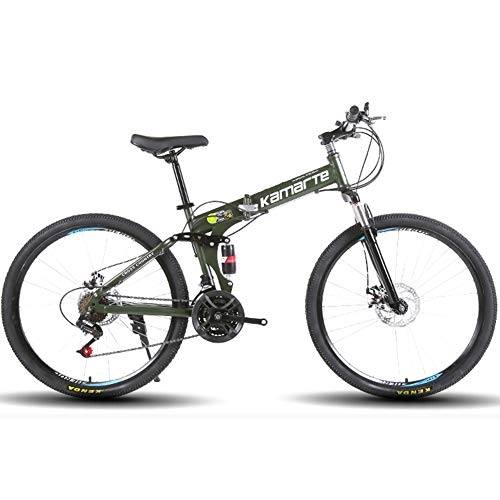 Folding Mountain Bike : Folding Mountain Bike, 24"Portable Speed Double Disc Brakes for Mountain Biking 21 Speed High Carbon Steel Frame Double Disc Brakes Unisex Bicycle, Green