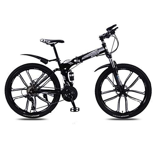 Folding Mountain Bike : Folding Mountain Bike, 26" Double Suspension High Carbon Steel Frame 27 Speed Double Shock Absorption Teen Unisex Mountain Bike with Front And Rear Fenders, Black