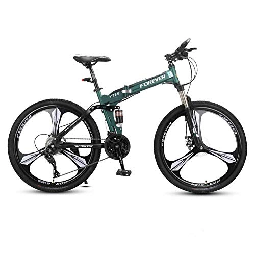 Folding Mountain Bike : Folding Mountain Bike, 26" High Carbon Steel Frame Front And Rear Double Suspension Bicycle 24 Speed Unisex Double Disc Brakes Off Road Bicycle, Green