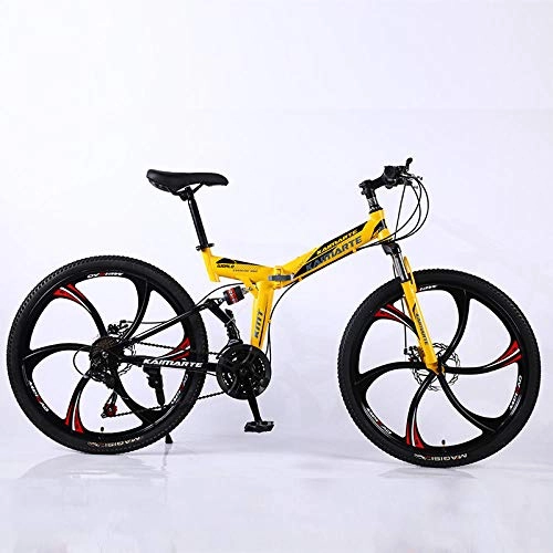 Folding Mountain Bike : Folding Mountain Bike 26-inch Bike Double Disc Brake High Shock Absorption Full Suspension Men's and Women's Hard Tail Outdoor Travel Mountain Bike-Yellow and black 6 knife wheels_26 inch 21 speed