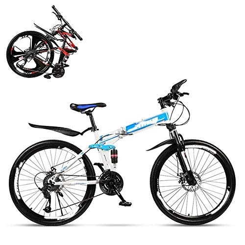 Folding Mountain Bike : Folding Mountain Bike Adult, 24 Inch Double Shock Absorption Off-road Variable Speed Racing Car, Fast Bike for Men and Women 21 / 24 / 27 / 30 Speed, Spoke Terms (Blue 21)