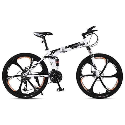 Folding Mountain Bike : Folding Mountain Bike for Adults, Mountain Trail Bike High Carbon Steel Outroad Bicycles, 21-Speed Bicycle Full Suspension MTB ​​Gears Dual Disc Brakes-Black Flower-6 Spoke_26 inches